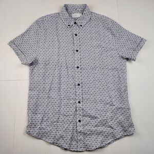 Onia Blue White Geometric Print 100% Linen Short Sleeve Button Down Shirt Size L